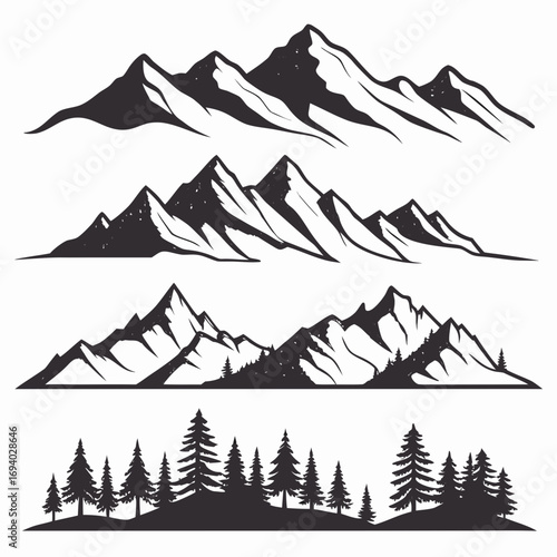 Mountain range forest line art silhouettes mountains peaks