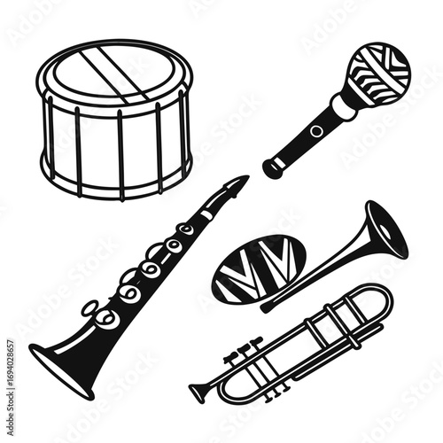 Musical instruments drum clarinet trumpet trombone microphone vector