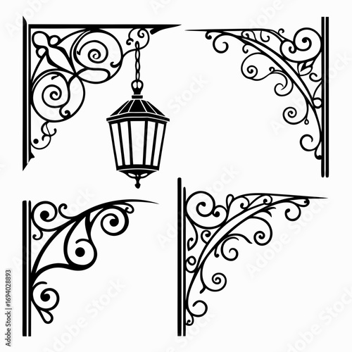 Ornate black decorative corner accents with hanging lantern vector