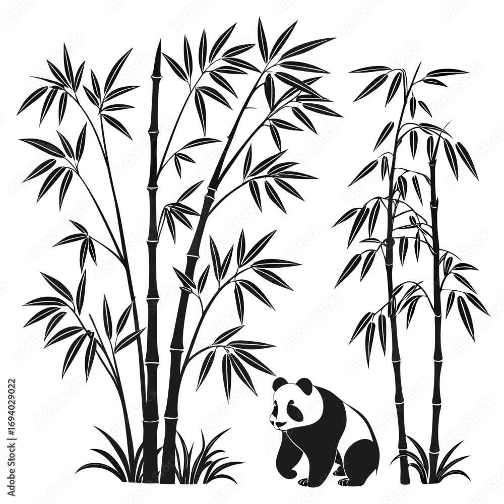 Obraz premium Panda bear among bamboo stalks and leaves vector