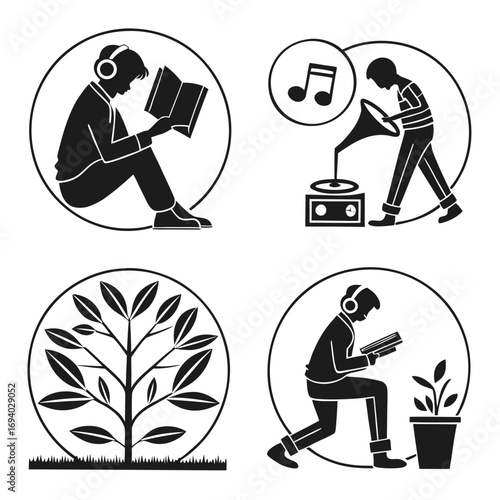 People enjoying hobbies reading music planting listening to music book