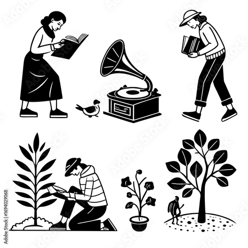 People enjoying leisure hobbies reading gardening music books plants