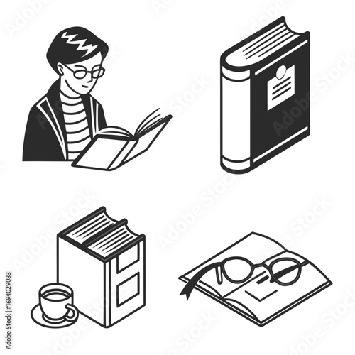 Person reading book and reading related icons glasses