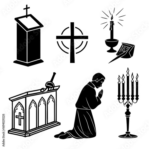 Religious icons prayer candle altar cross kneeling person religion worship