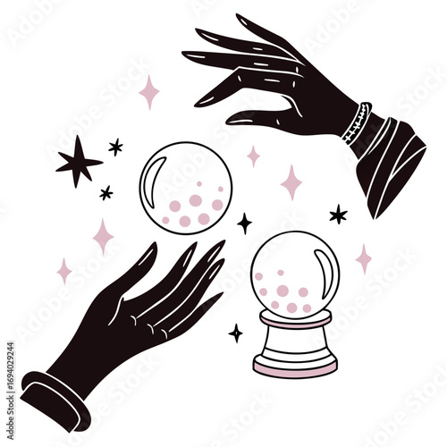 Psychic hands and crystal balls with stars fortune telling magic