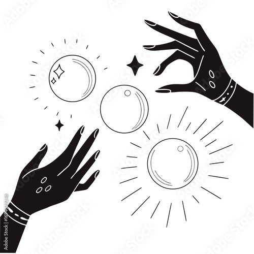 Psychic hands and crystal balls with radiating lines silhouette fortune telling