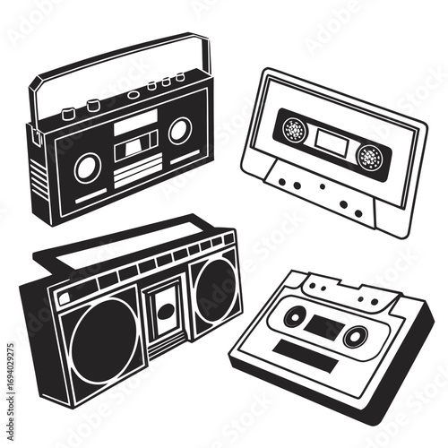 Retro cassette tapes and boombox music player vintage