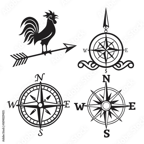 Rooster weather vane compass rose directional elements vector