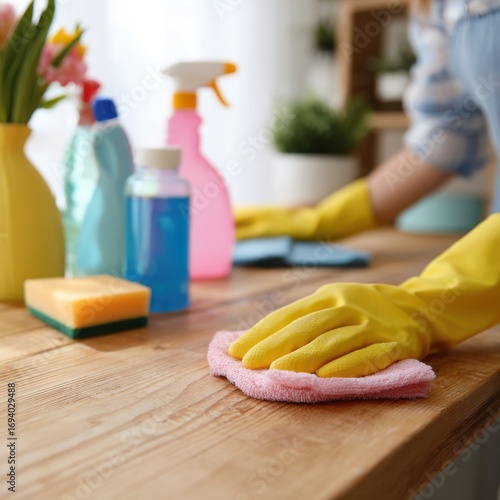 Wallpaper Mural Close-up of hands of woman wearing rubber gloves cleaning wooden kitchen counter with rags and cleaning solution. Torontodigital.ca