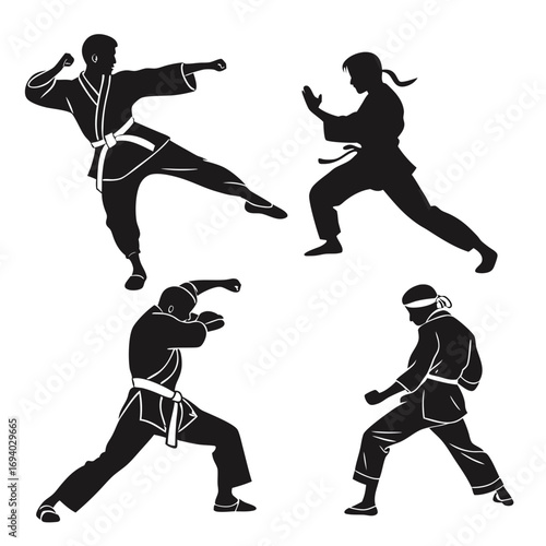 Silhouettes of martial artists in action poses martial arts karate