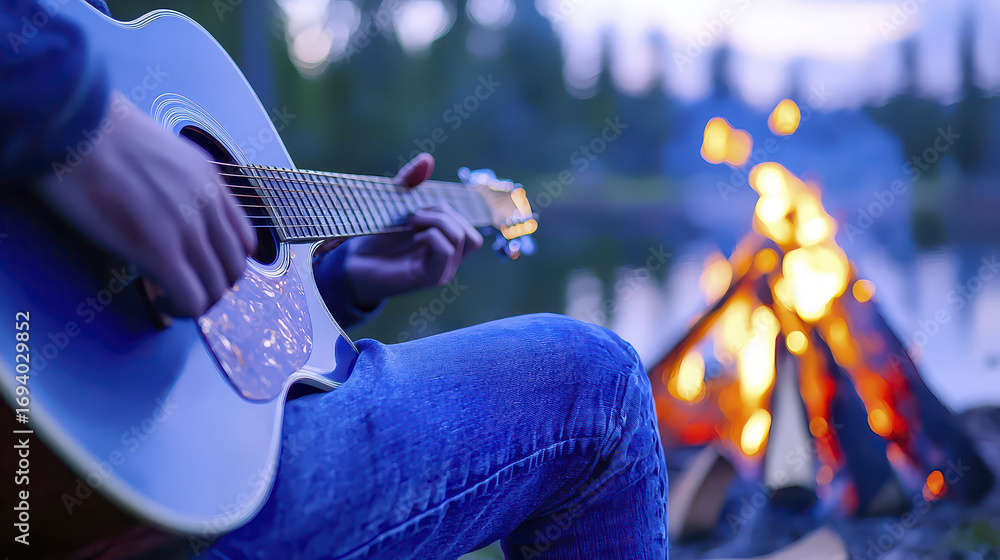 Obraz premium Person plays acoustic guitar by campfire near lake, creating serene and cozy atmosphere. warm glow of fire contrasts with cool