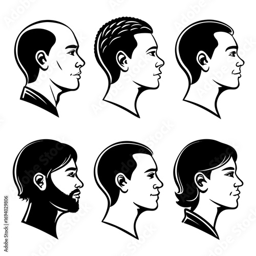 Six black and white human profile heads human profiles side view
