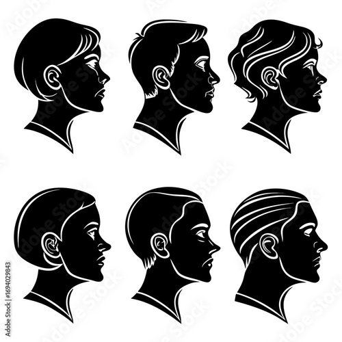 Six black human profile heads side view human profiles black and white