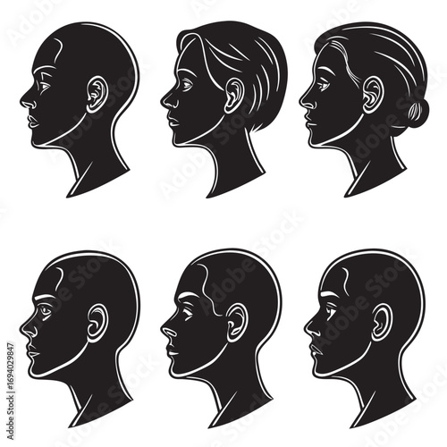 Six black human head profiles side view human profiles head silhouettes