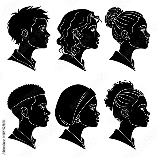 Six black human profile heads diverse hairstyles silhouette