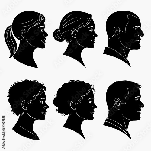 Six black human profile heads white outline silhouette female