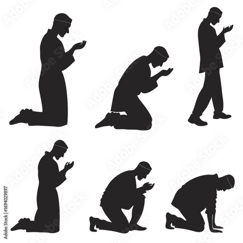 Six black silhouettes of men praying in Islamic postures islamic prayer muslim