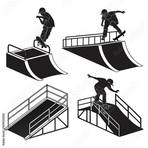 Skateboarders performing tricks on ramps and rails skateboarding