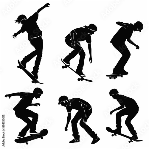 Skateboarders performing tricks on white background skateboarding silhouettes