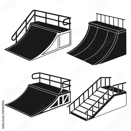 Skatepark ramps and rails silhouettes obstacles black