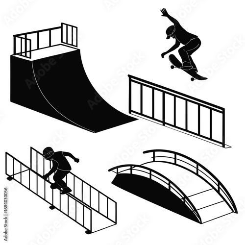 Skatepark ramps rails and skateboarders performing tricks vector