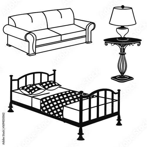 Sofa bed lamp table silhouettes vector