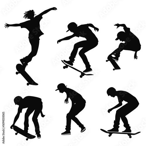 Skateboarders performing various tricks skateboarding silhouette
