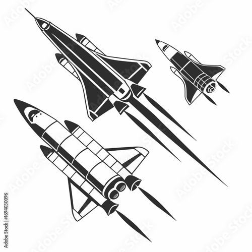Spaceship silhouettes with exhaust trails rocket shuttle