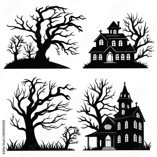 Spooky haunted houses and bare trees halloween silhouette