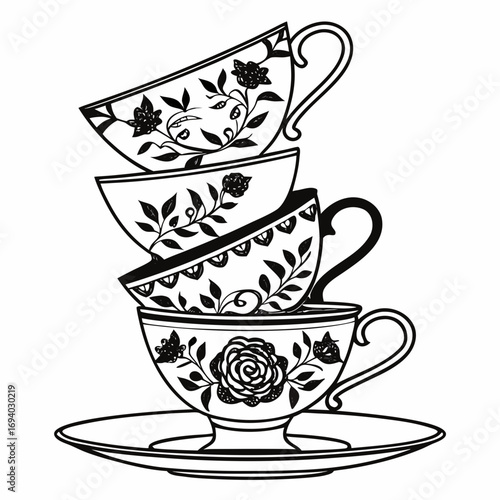 Stacked floral teacups and saucer silhouettes dessert plate floral pattern