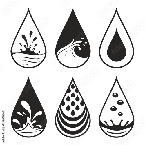 Stylized water drop icons with splashes and waves water drops liquid