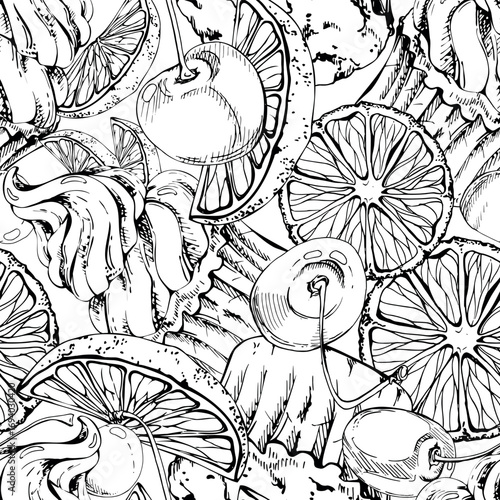 Wallpaper Mural Cupcake with berry and citrus whipped cream, muffins with orange-cherry topping in vector ink. Hand drawn seamless pattern for food textile prints, menu decorations, and repeat dessert borders. Torontodigital.ca