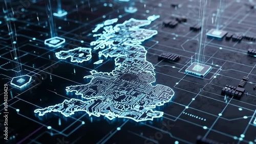 Abstract map of technology connections and circuits in the United Kingdom.