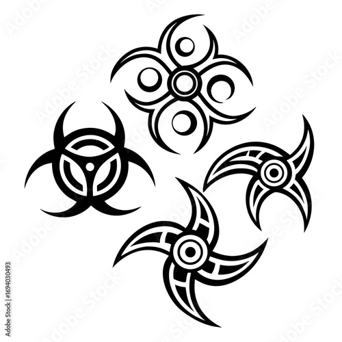 Tribal tattoo inspired abstract shapes black ink body art circular