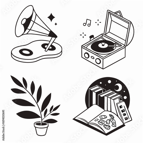 Vintage gramophone record player plant and books music