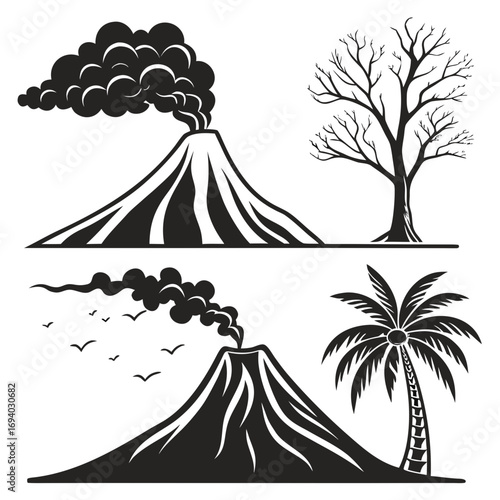 Volcano eruption smoke and bare tree palm tree birds cloud