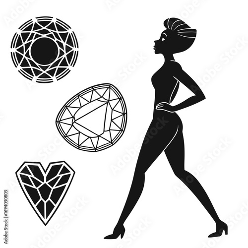 Woman silhouette with gemstone shapes diamond jewelry