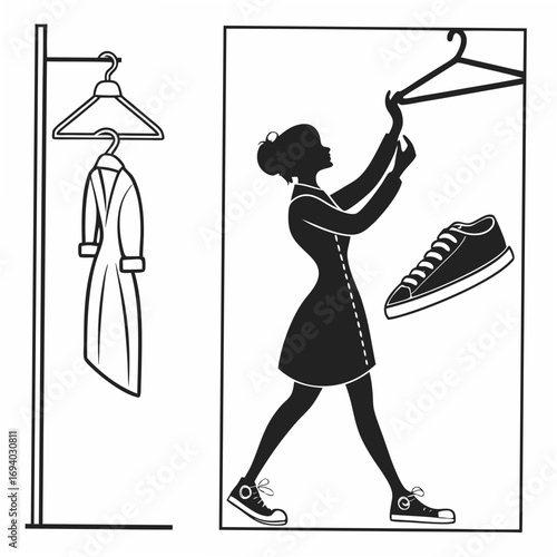 Woman choosing outfit with dress and shoes fashion clothing