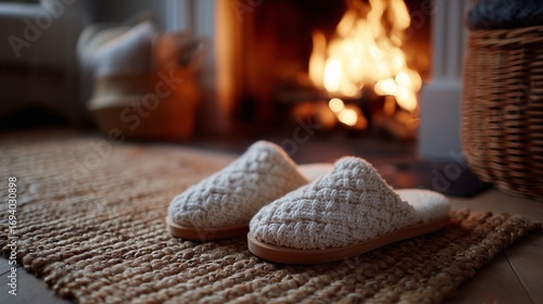 Cozy knitted slippers placed on a woven rug near a warm fireplace in a comfortable living room during winter evenings