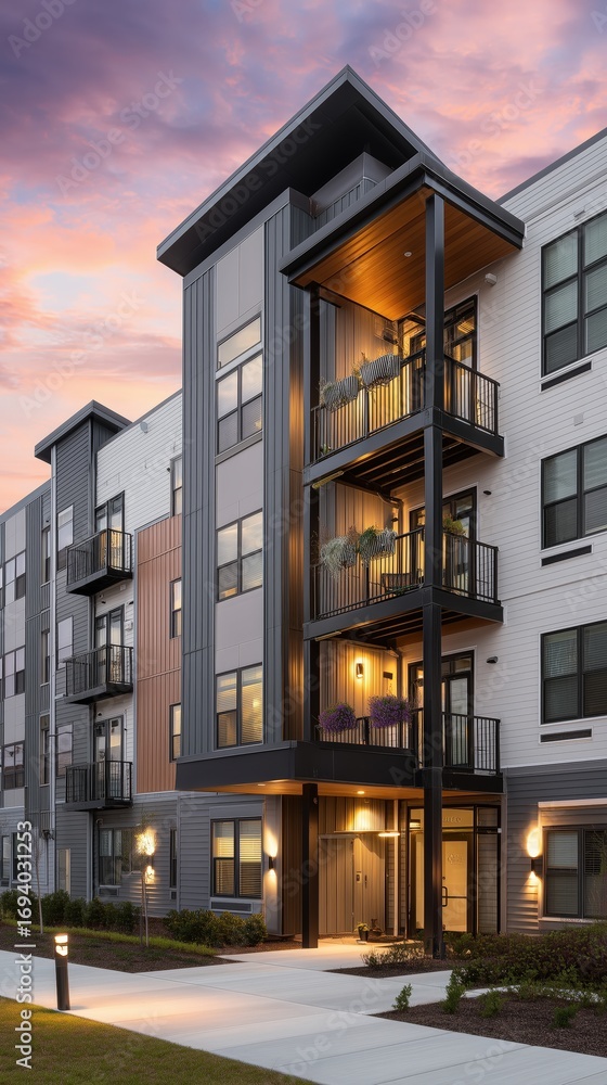 Naklejka premium Modern Apartment Building at Dusk Architectural Design Exterior View.