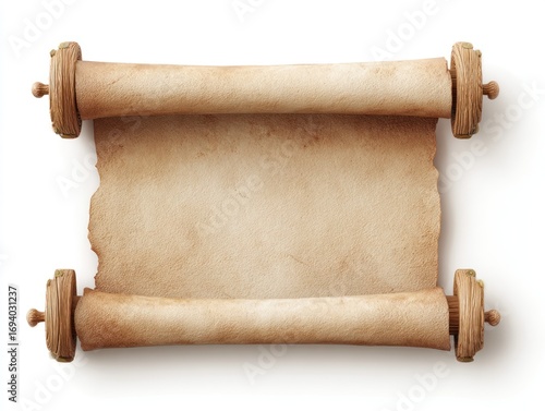 An old parchment scroll, unrolled, with wooden handles on each end, on a white background, casting soft shadow