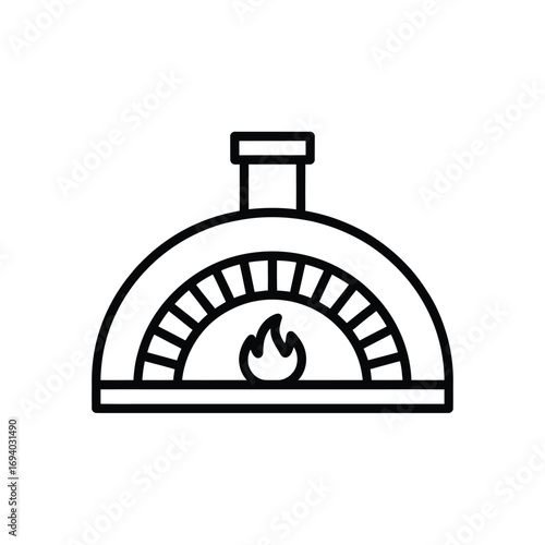 Simple line art icon of a traditional pizza oven with flame