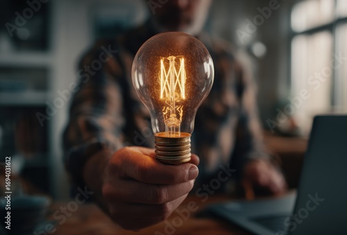 A person's blurred hand presents a glowing lightbulb, casting warm illumination in a dimly lit indoor setting