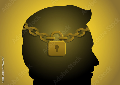 A human head with a heavy chain wrapped around the brain