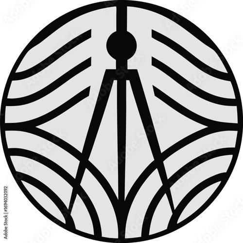 Stylized topographic map lines forming a circular logo with surveying tripod, modern vector identity.