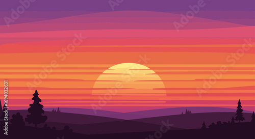 Wallpaper Mural Pixelated Sunset Landscape with Trees and Hills Silhouette, Retro Style Torontodigital.ca
