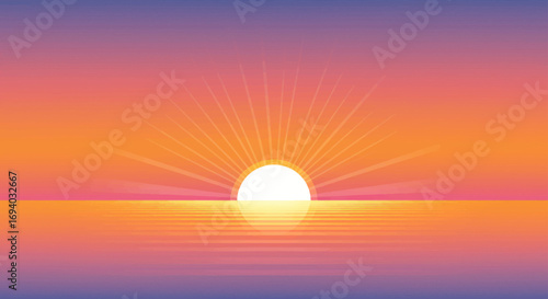 Vibrant digital sunset illustration with a bright sun, radiating beams, and a colorful gradient sky reflected on the water.