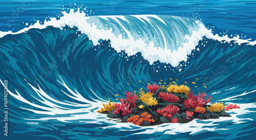Dynamic ocean wave breaking over a colorful coral reef, vibrant marine life, vector illustration.