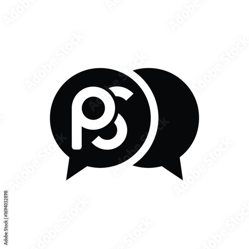 Black and white icon of two overlapping speech bubbles with ps initials