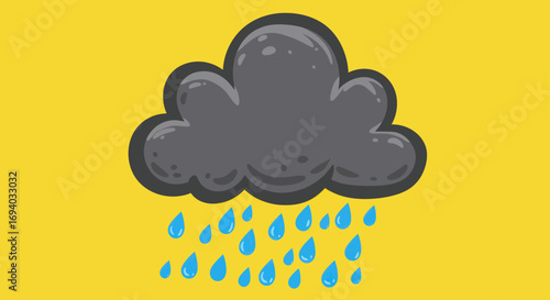 Cartoonish Dark Gray Rain Cloud with Blue Raindrops